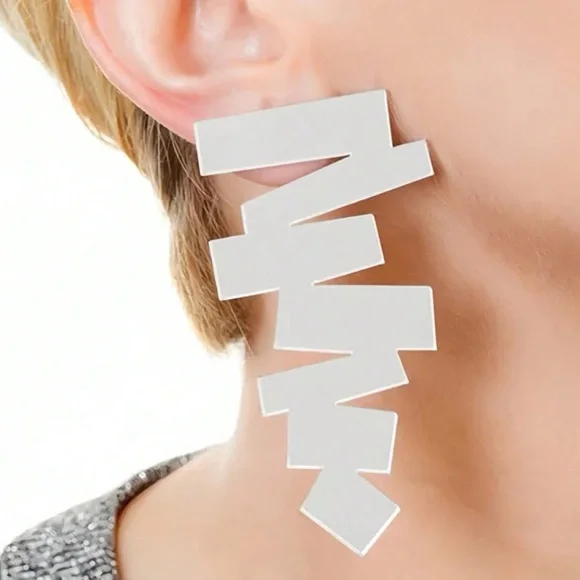 2/$30🌵 Silver Mirror Zig Zag Earrings Statement Tribal Geometric Aztec Gift NEW - Picture 4 of 11